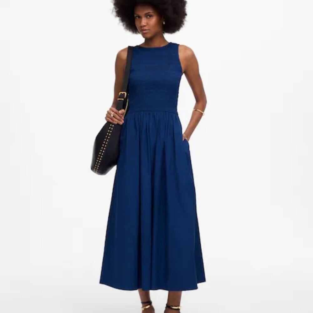 NWT Madewell Melody Smocked Midi Dress XS | Blue Moon Cotton Poplin Pockets